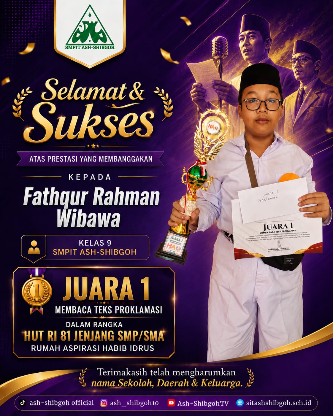 Ananda Fathqur Rahman Wibawa Raih Juara 1 Membaca Teks Proklamasi HUT RI ke-81